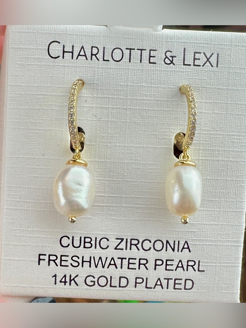 NIB Charlotte & Lexi Real Freshwater Pearl CZ 14K Gold Plated Drop Earrings